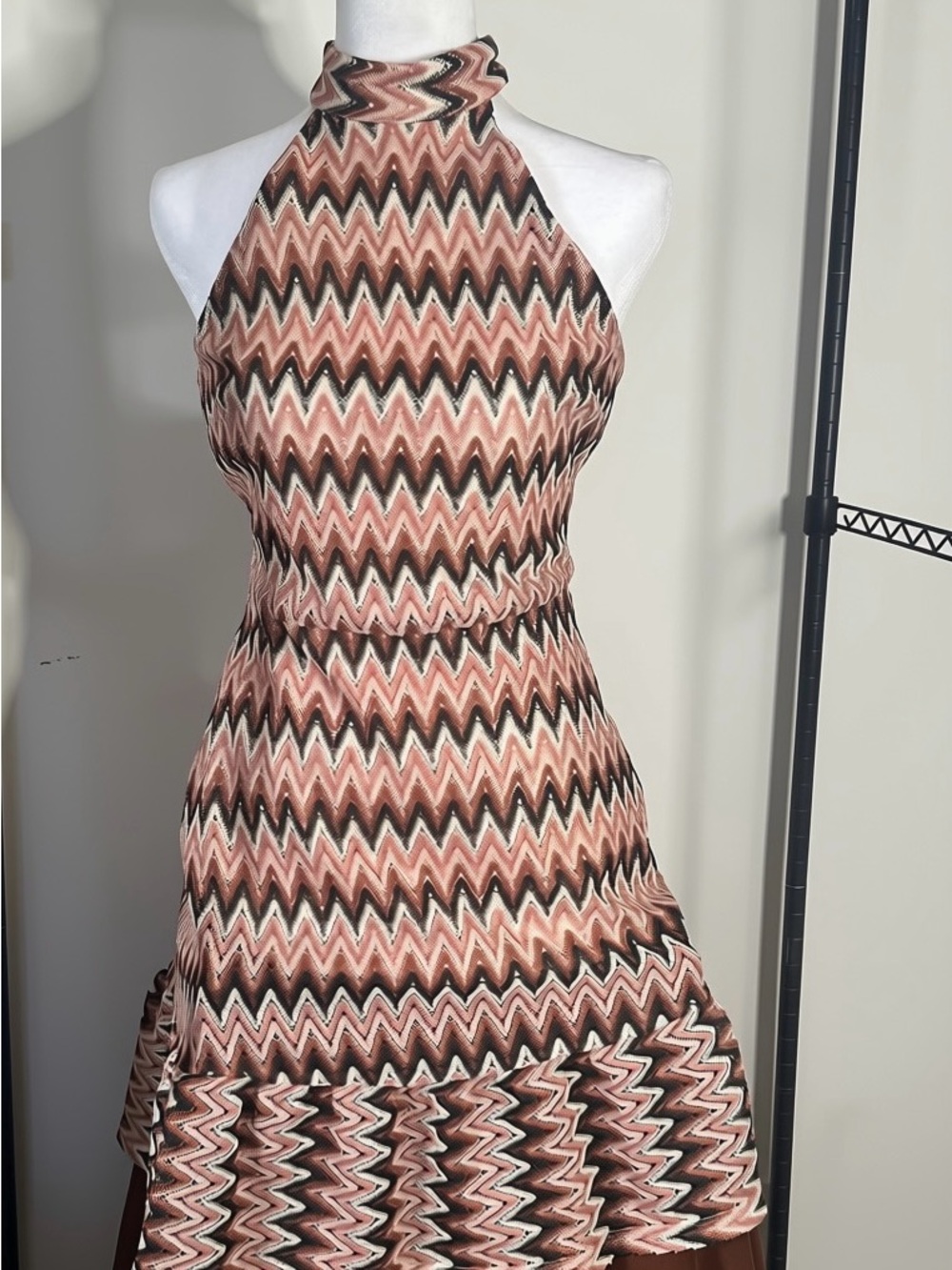 Donna Morgan Halter Mini Dress in Pink and Brown Zigzag